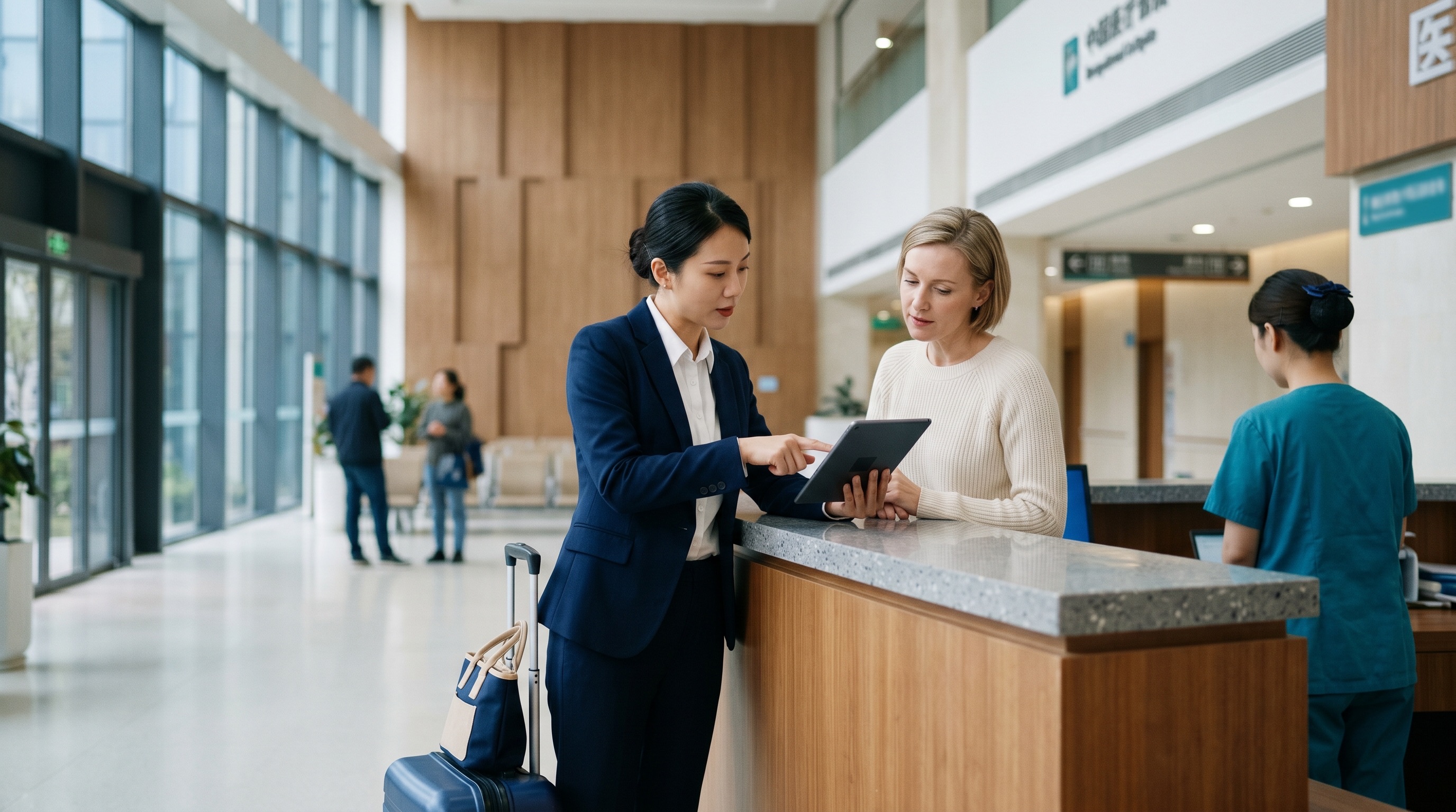 Coordinator greeting an international guest before a hospital visit in Guangzhou